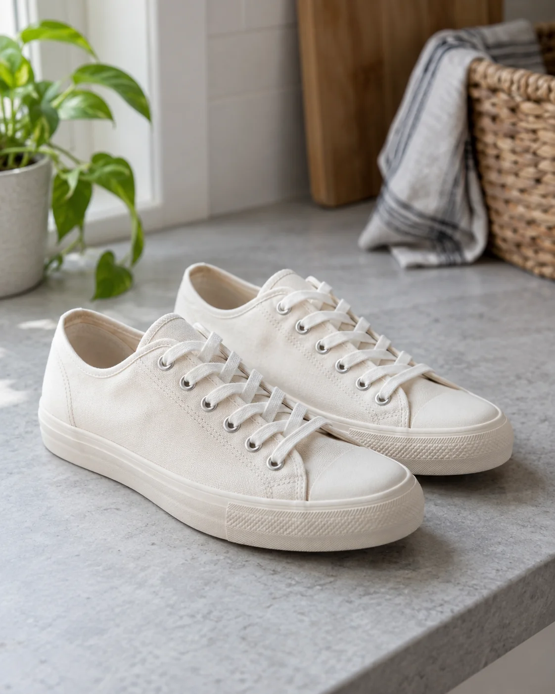Off-white canvas sneakers on a pale stone surface in natural light