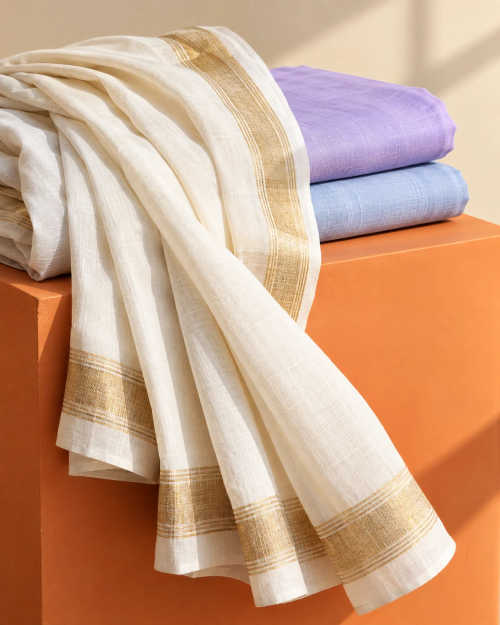 Ivory kasavu saree with a golden border beside folded blue and lavender fabrics